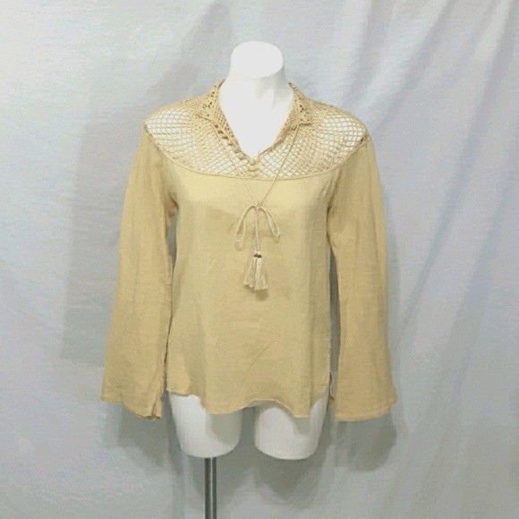 Free People Mesh Crochet Boho Top Tassel Detail Bell Sleeves Street Chic Small - Picture 1 of 8